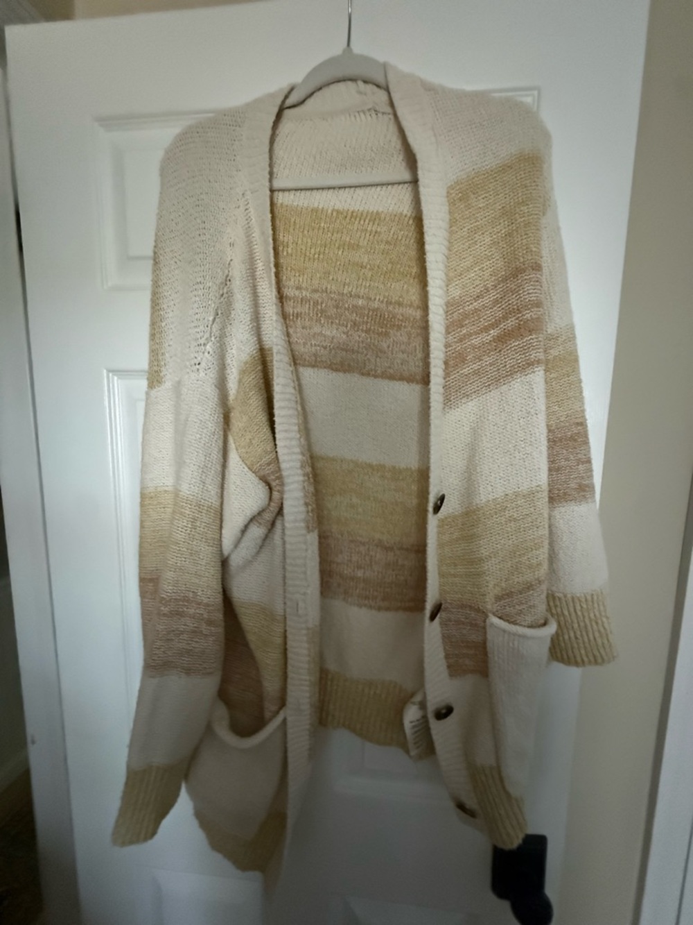 Free People Striped Open-Front Cardigan in Cream and Tan